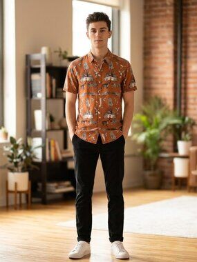 GUESS Men’s Rust Orange Safari Animal Print Short Sleeve Button Down Shirt M